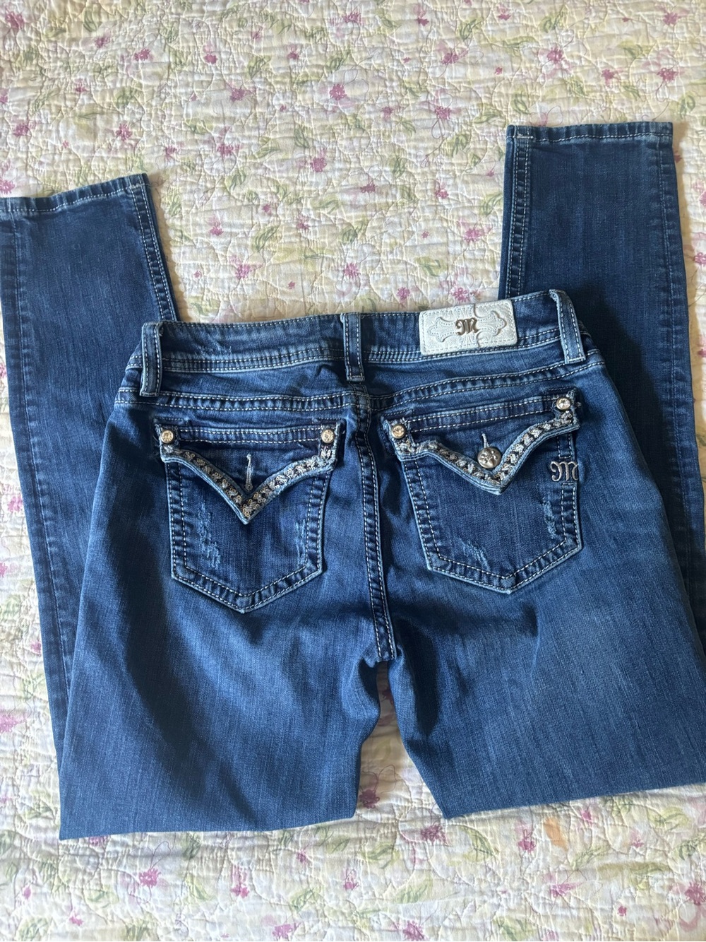 Miss Me Dark Blue Skinny Jeans with Rhinestone V-Pockets